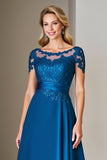 Bleu Paon Une Ligne Thé Longueur Mère De La Mariée Robe Avec Dentelle