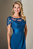 Bleu Paon Une Ligne Thé Longueur Mère De La Mariée Robe Avec Dentelle
