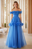Robe de bal longue bleue à épaules dénudées avec volants