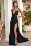 Robe longue formelle noire à bretelles spaghetti avec fente