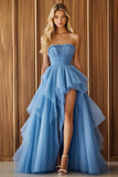Robe formelle asymétrique à volants bleu