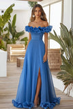 Robe formelle à épaules dénudées bleue une ligne avec fente
