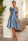 Dusty Blue Robe formelle midi trapèze avec noeud