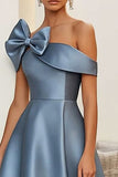 Dusty Blue Robe formelle midi trapèze avec noeud