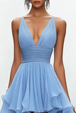 Robe formelle à col en V à volants bleu ciel