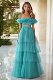 Robe formelle à plusieurs niveaux bleu lac à épaules dénudées