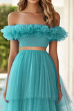 Robe formelle à plusieurs niveaux bleu lac à épaules dénudées