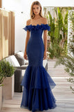 Robe formelle marine à épaules dénudées sirène