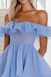 Mini robe de cocktail en mousseline de soie à volants bleu