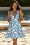 Robe d’été courte à col en V blanche et bleue fleur A Line