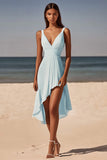 Robe de graduation midi froncée à col en V bleu ciel