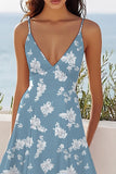 Bleu Fleur Blanche Une Ligne Col V Robe Boho
