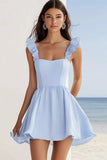 Robe d’été en mousseline de soie à volants bleu ciel