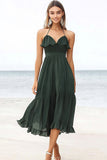 Robe d’été midi en mousseline de soie vert foncé dos nu une ligne