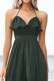 Robe d’été midi en mousseline de soie vert foncé dos nu une ligne