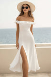 Robe mi-longue blanche à volants sans bretelles avec fente