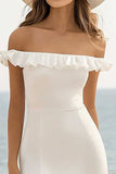 Robe mi-longue blanche à volants sans bretelles avec fente