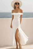 Robe de vacances à volants en mousseline de soie blanche à épaules dénudées
