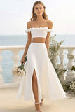 Robe de mariée blanche 2 pièces à volants à épaules dénudées avec fente