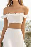 Robe de mariée blanche 2 pièces à volants à épaules dénudées avec fente