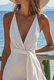Robe moulante blanche à col en V banderole latérale