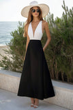 Une ligne de robe formelle en satin à col en V blanc et noir