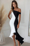 Sirène à une épaule Noir et Blanc Robe De Cérémonie À Volants