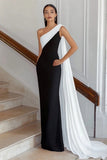 Robe longue cravate noire fourreau à une épaule avec banderole
