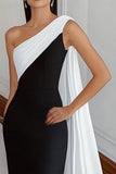 Robe longue cravate noire fourreau à une épaule avec banderole