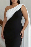 Robe formelle longue grande taille à fourreau noir et blanc à une épaule avec serpentin