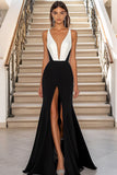 Sirène Robe longue cravate noire à col en V avec fente