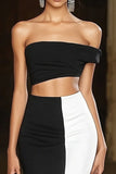 Robe formelle sirène noire et blanche à une épaule