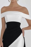 Robe longue formelle noire et blanche à épaules dénudées