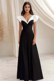 A Line Cap Sleeves Robe longue cravate noire