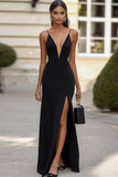 Robe formelle noire à bretelles spaghetti avec fente
