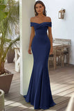 Robe longue formelle à épaules dénudées bleu marine