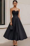 Satin Noir Sans Bretelles Une Ligne Robe Longue Formelle