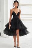 Tulle noir Robe de cocktail courte à bretelles spaghetti