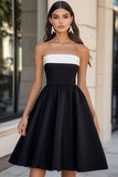 Noir et blanc Robe de cocktail courte en satin A Line sans bretelles