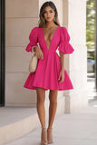 Robe de cocktail courte à manches demi-col en V fuchsia