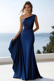Robe formelle froncée sirène marine à une épaule