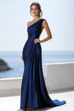 Robe formelle froncée sirène marine à une épaule