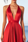 Robe formelle en satin rouge A Line à col en V