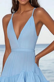 Volant Bleu Ciel Une Ligne Spaghetti Bretelles Robe de Cocktail