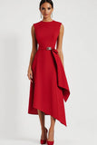 Robe de travail asymétrique fourreau en satin rouge