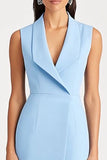 Robe de travail mi-genou en satin à revers châle bleu ciel avec fente