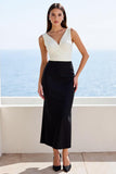 Robe longue de travail en satin gainé ivoire et noir