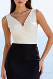 Robe longue de travail en satin gainé ivoire et noir
