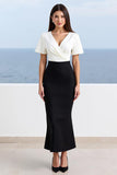Robe longue de travail en satin à col en V ivoire et noir