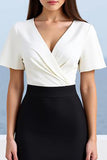 Robe longue de travail en satin à col en V ivoire et noir